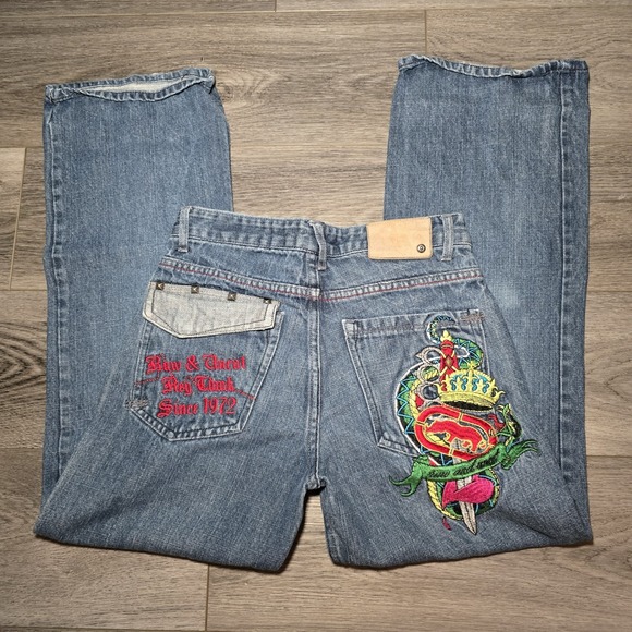 VTG Y2K ECKO Unlted Baggy Skater Blue Denim Jeans Wide Leg Embroidery READ